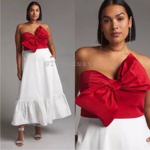 ANTHROPOLOGIE Bow Tie Maxi Dress Flounce Hem Strapless Red White Hutch NWT